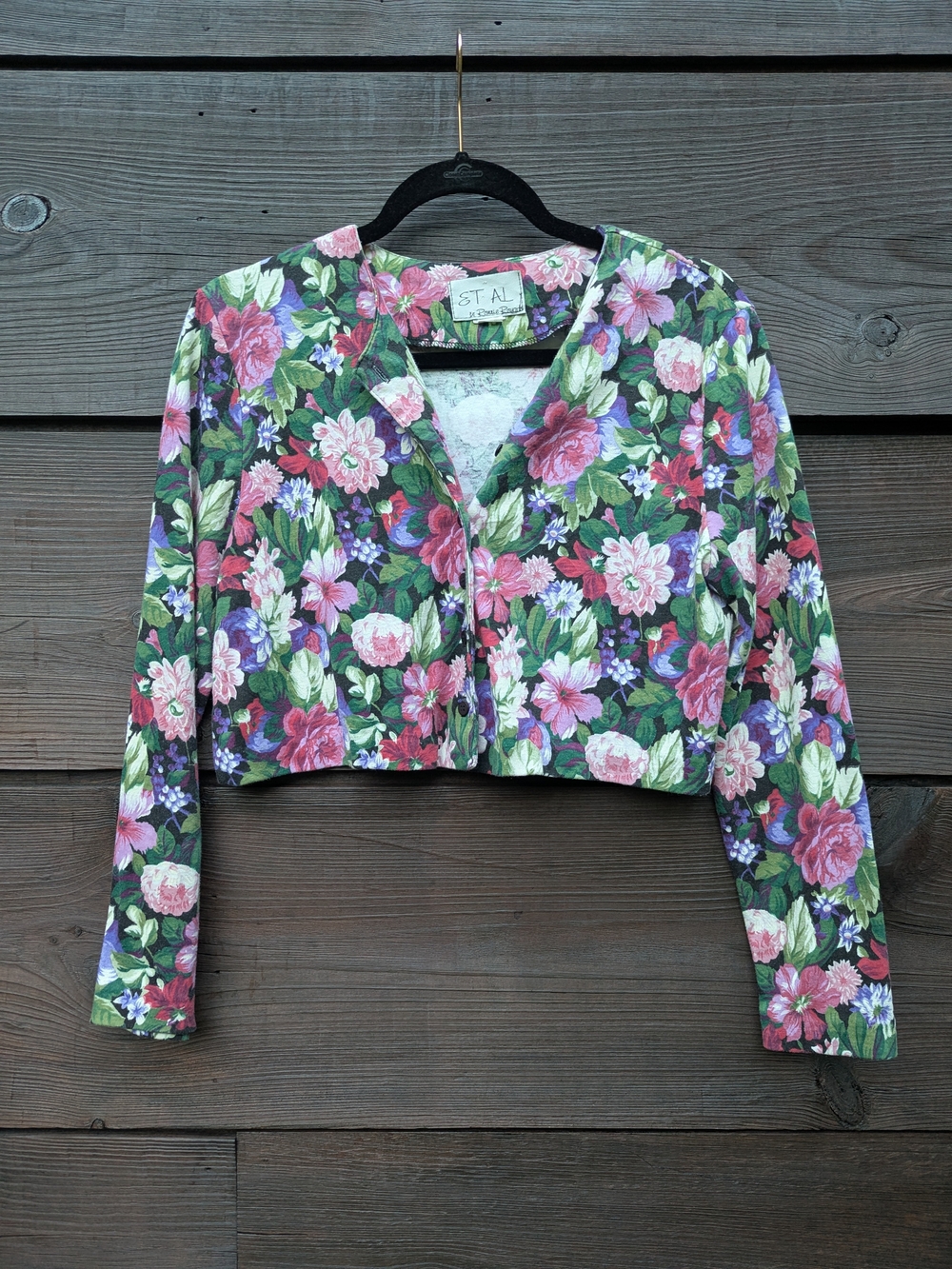 Vintage Floral Cropped Cardigan - Pink & Green Floral Print